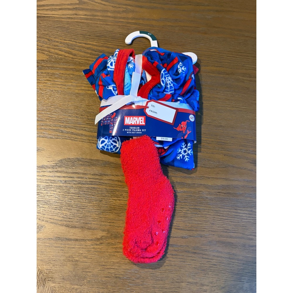Marvel Spiderman Toddler Pajama Set 2 Piece with Cozy Socks Blue Red 4T Holiday